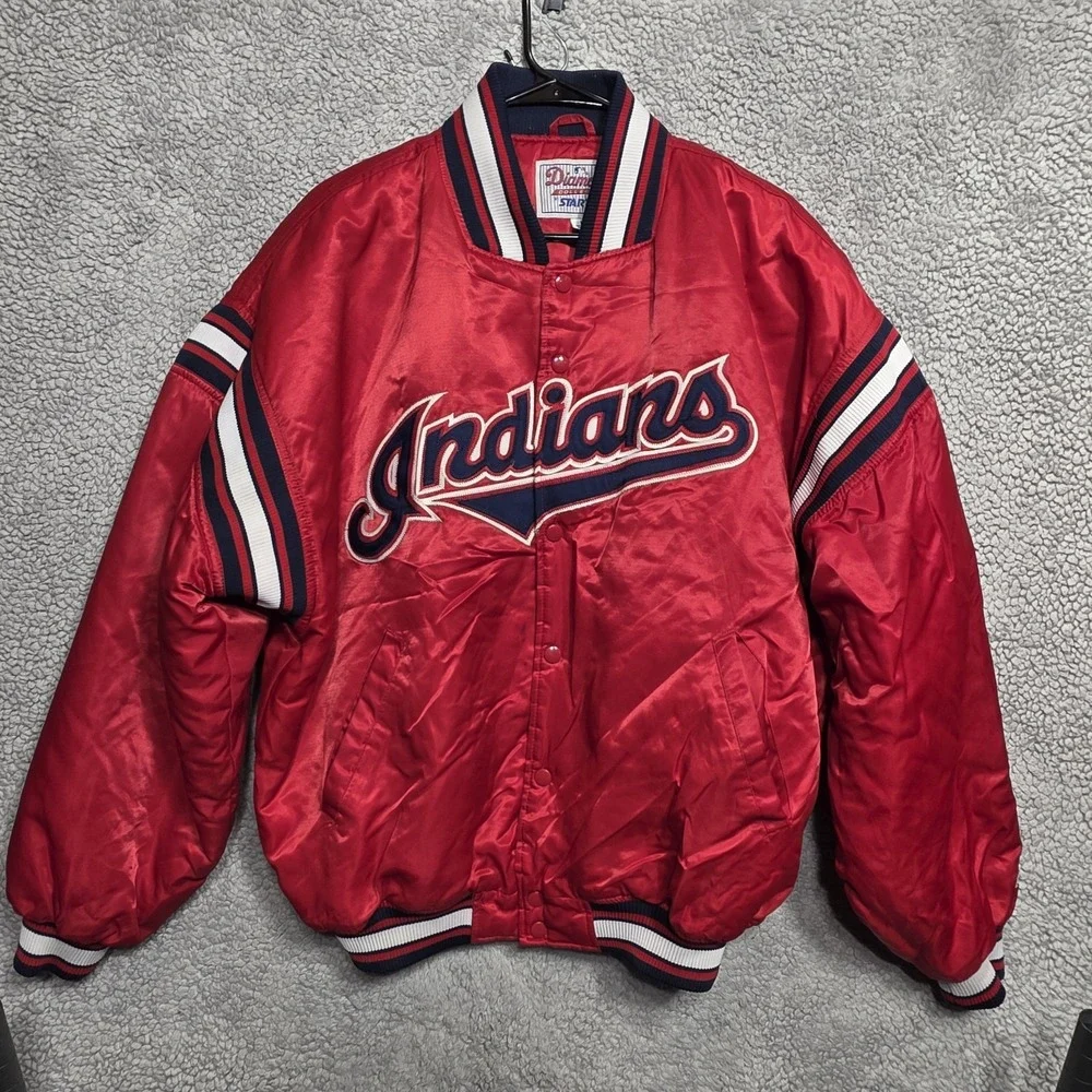 Rare VTG‎ Cleveland Indians Starter Red Satin Jacket Diamond Collection Mens LRG